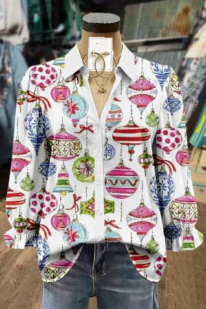Christmas Ornaments Print  Print Collared Puff Sleeve Top