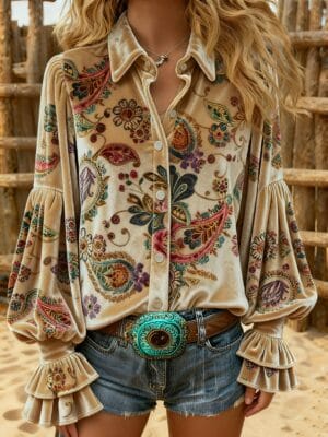 Retro Paisley Print Velvet Top - Image 2