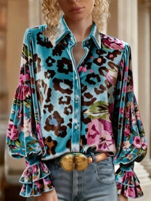 Leopard Floral Print Button Up Velvet Top - Image 2