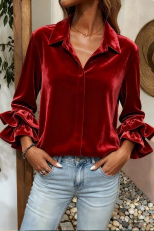 Solid Ruffle Long Sleeve Holiday Velvet Top - Image 2