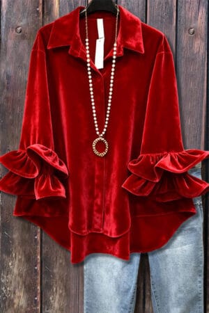 Solid Ruffle Long Sleeve Holiday Velvet Top