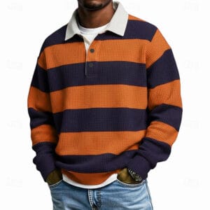 Men's Horizontal Stripes Polo Rugby Polo Long Sleeve Polo Shirts Lapel Sportswear Casual School Athleisure Daily Wear 3D Print Spring Fall Winter Red Dark Green Orange - Image 2