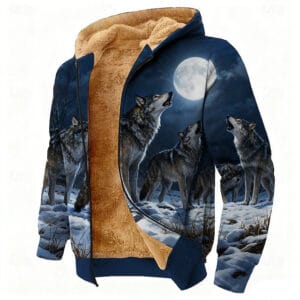 Men's Moon Wolf Fleece Hoodie Jacket Sweatshirt Classic Military Hunting Long Sleeve Crew Neck Outdoor Camping Blue Zip Up Fall Winter Designer