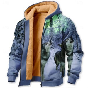 Men's Moon Wolf Fleece Hoodie Jacket Sweatshirt Classic Military Hunting Long Sleeve Crew Neck Outdoor Camping Blue Zip Up Fall Winter Designer - Image 3