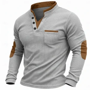 Men's Corduroy Shirt Henley Shirt Tee Top Long Sleeve - Image 4