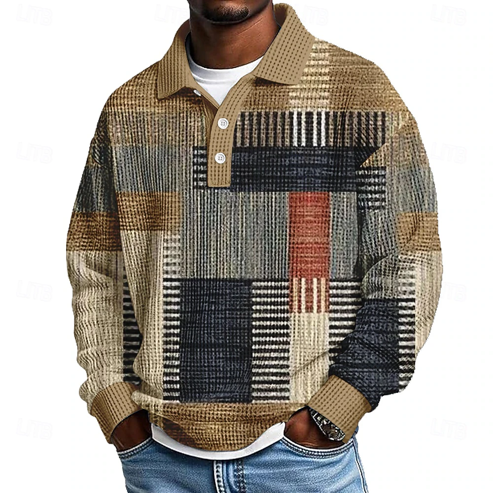 Men's Geometric Color Block Waffle Polo Shirts Long Sleeve Polo (1) Men's Geometric Color Block Waffle Polo Shirts Long Sleeve Polo Shirts Lapel Casual Athleisure Daily Wear 3D Print Spring Fall Winter Blue Brown Gray - Image 1