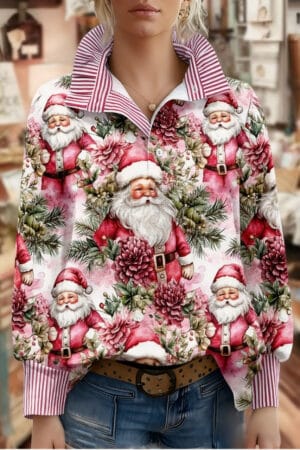 Vintage Christmas Santa Print Striped Long Sleeve Top - Image 2