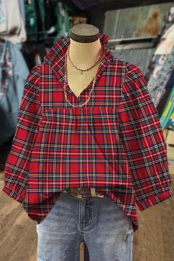 b870d9134f2967083a080eac293e6152 Plaid Ruffle V-Neck Bubble Sleeve Top - Image 1