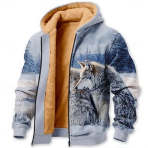 Men's Moon Wolf Fleece Hoodie Jacket Sweatshirt Classic Military Hunting Long Sleeve Crew Neck Outdoor Camping Blue Zip Up Fall Winter Designer - Image 4