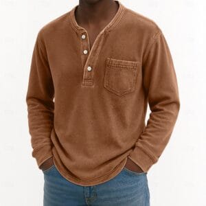 Men's Henley Shirt 100% Cotton Acid Wash Shirt T shirt Tee Long Sleeve Vintage Retro Vintage Casual Vintage Style Washed Henley Casual Spring Fall All Seasons Dark Brown Black Pink Henley T-Shirt - Image 2