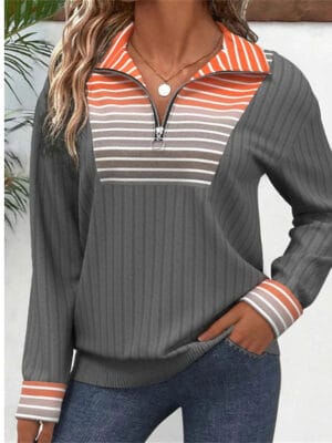 Women's Pullover Sweatshirt Zip Up Sweatshirts Graphic Plain Striped Elegant Warm Fashion Long Sleeve Half Zip Regular Tops Home Work Street Patchwork Quarter Zip Blue Red Dark Grey Apricot Beige