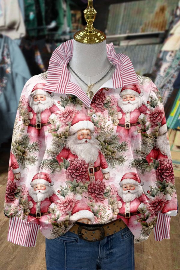 e0ebe733807e9ff865906cfaaf32f55b Vintage Christmas Santa Print Striped Long Sleeve Top - Image 1