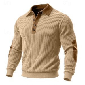 Men's Sweatshirt Corduroy Pullover Button Up Hoodie Ribbed Knit Army Green Burgundy Navy Blue Khaki Polo Collar Plain Patchwork Color Block Textured Sports & Outdoor Casual Daily Polyester Vintage