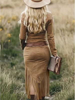 Women's Midi Dress Sheath Dress Casual Boho Party Daily Slim Plain Long Sleeve Lapel Light Brown Fall Winter - Image 2