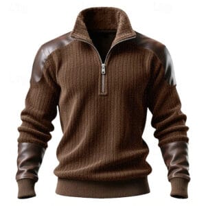 Men's Sweatshirt Pullover Quarter Zip Sweatshirt Ribbed Knit Brown Standing Collar Plain Zip Up Patchwork Color Block Sports & Outdoor Casual Daily Streetwear Cool Sportswear Spring & Fall Clothing