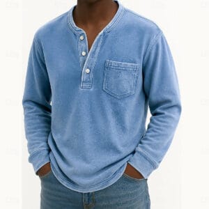 Men's Henley Shirt 100% Cotton Acid Wash Shirt T shirt Tee Long Sleeve Vintage Retro Vintage Casual Vintage Style Washed Henley Casual Spring Fall All Seasons Dark Brown Black Pink Henley T-Shirt - Image 5