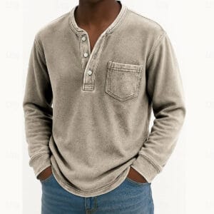 Men's Henley Shirt 100% Cotton Acid Wash Shirt T shirt Tee Long Sleeve Vintage Retro Vintage Casual Vintage Style Washed Henley Casual Spring Fall All Seasons Dark Brown Black Pink Henley T-Shirt - Image 6