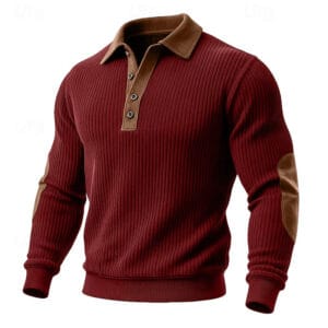 Men's Sweatshirt Corduroy Pullover Button Up Hoodie Ribbed Knit Army Green Burgundy Navy Blue Khaki Polo Collar Plain Patchwork Color Block Textured Sports & Outdoor Casual Daily Polyester Vintage - Image 2