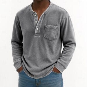 Men's Henley Shirt 100% Cotton Acid Wash Shirt T shirt Tee Long Sleeve Vintage Retro Vintage Casual Vintage Style Washed Henley Casual Spring Fall All Seasons Dark Brown Black Pink Henley T-Shirt - Image 7