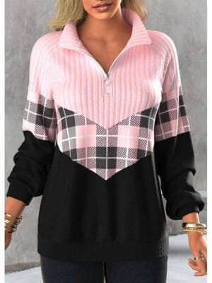 Women's Pullover Sweatshirt Plaid Elegant Active Cute Long Sleeve High Neck Regular Tops Home Work Dailywear Half Zip Pink Spring Fall Winter