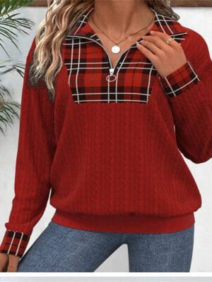 Women's Pullover Sweatshirt Zip Up Sweatshirts Graphic Plain Striped Elegant Warm Fashion Long Sleeve Half Zip Regular Tops Home Work Street Patchwork Quarter Zip Blue Red Dark Grey Apricot Beige - Image 4