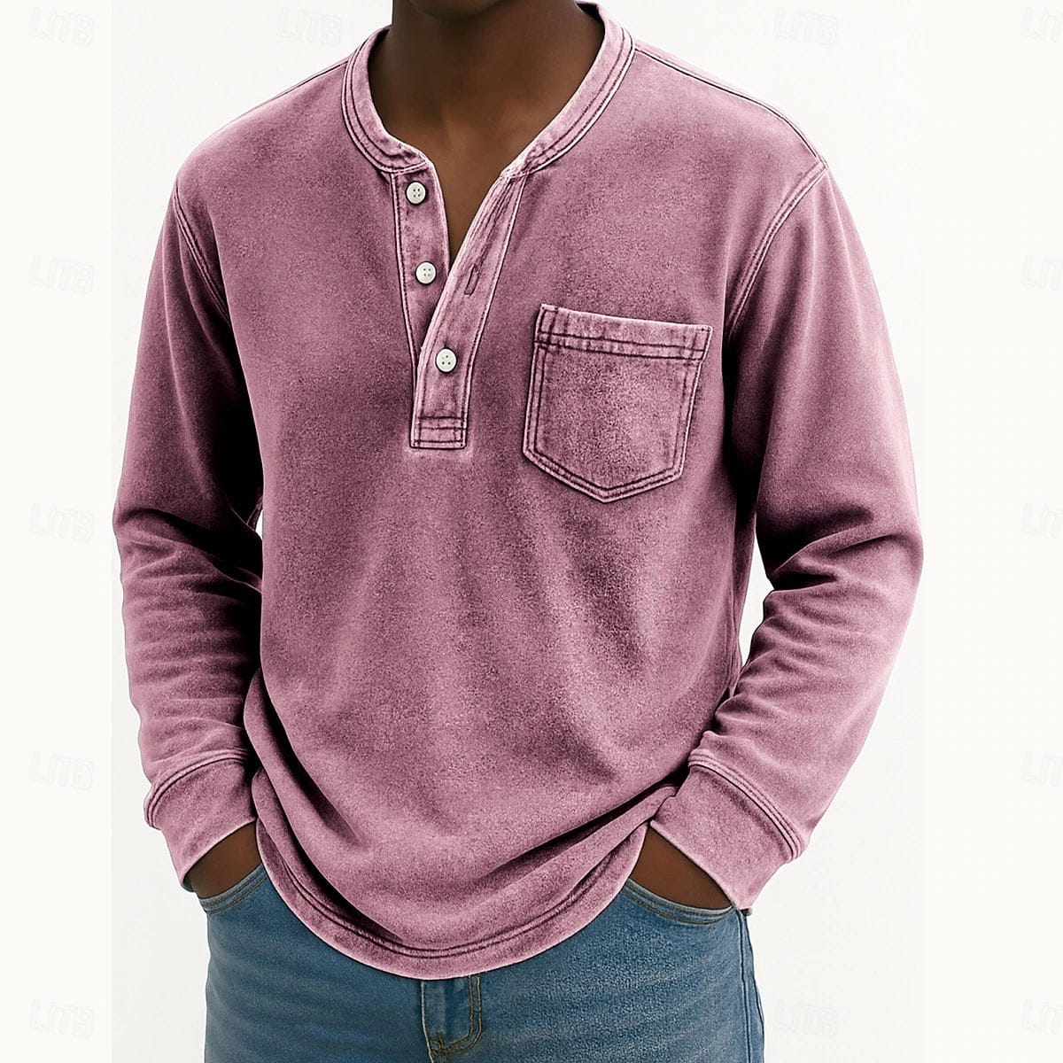 tephlt1760088688514 Men's Henley Shirt 100% Cotton Acid Wash Shirt T shirt Tee Long Sleeve Vintage Retro Vintage Casual Vintage Style Washed Henley Casual Spring Fall All Seasons Dark Brown Black Pink Henley T-Shirt - Image 1