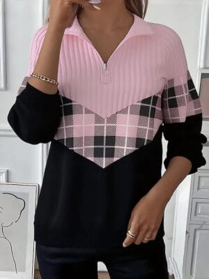 Women's Pullover Sweatshirt Plaid Elegant Active Cute Long Sleeve High Neck Regular Tops Home Work Dailywear Half Zip Pink Spring Fall Winter - Image 2