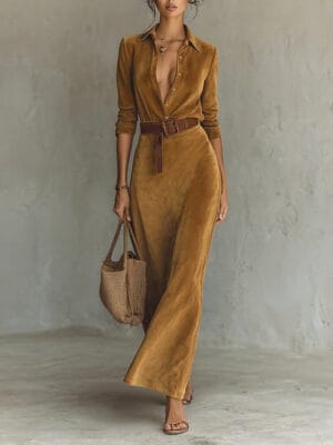 Women's Maxi Dress A Line Dress Vacation Casual Daily Regular Fit Plain Long Sleeve Shirt Collar Black Wine Navy Blue Brown Spring Fall Winter