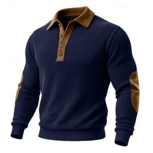 Men's Sweatshirt Corduroy Pullover Button Up Hoodie Ribbed Knit Army Green Burgundy Navy Blue Khaki Polo Collar Plain Patchwork Color Block Textured Sports & Outdoor Casual Daily Polyester Vintage - Image 3