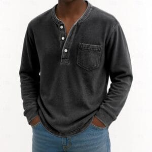 Men's Henley Shirt 100% Cotton Acid Wash Shirt T shirt Tee Long Sleeve Vintage Retro Vintage Casual Vintage Style Washed Henley Casual Spring Fall All Seasons Dark Brown Black Pink Henley T-Shirt - Image 8