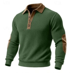 Men's Sweatshirt Corduroy Pullover Button Up Hoodie Ribbed Knit Army Green Burgundy Navy Blue Khaki Polo Collar Plain Patchwork Color Block Textured Sports & Outdoor Casual Daily Polyester Vintage - Image 4