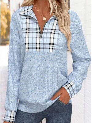 Women's Pullover Sweatshirt Zip Up Sweatshirts Graphic Plain Striped Elegant Warm Fashion Long Sleeve Half Zip Regular Tops Home Work Street Patchwork Quarter Zip Blue Red Dark Grey Apricot Beige - Image 2